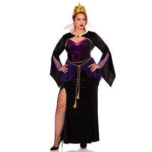 Four Piece Evil Queen Costume Set, High-Slit Gown with Velvet Shrug